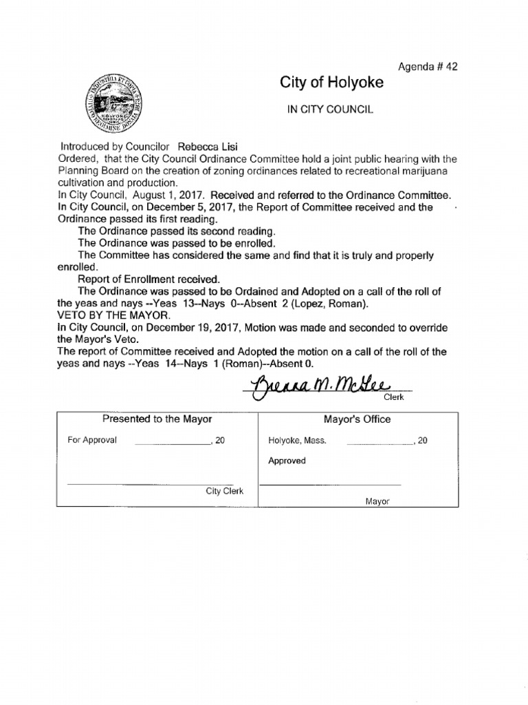 Holyoke Council Ordinance For Zoning of Recreational Marijuana