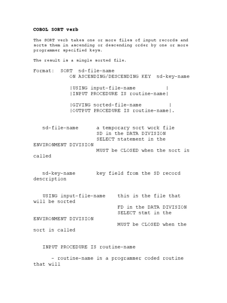 Cobol Sort Verb PDF Computer Programming Computer Data