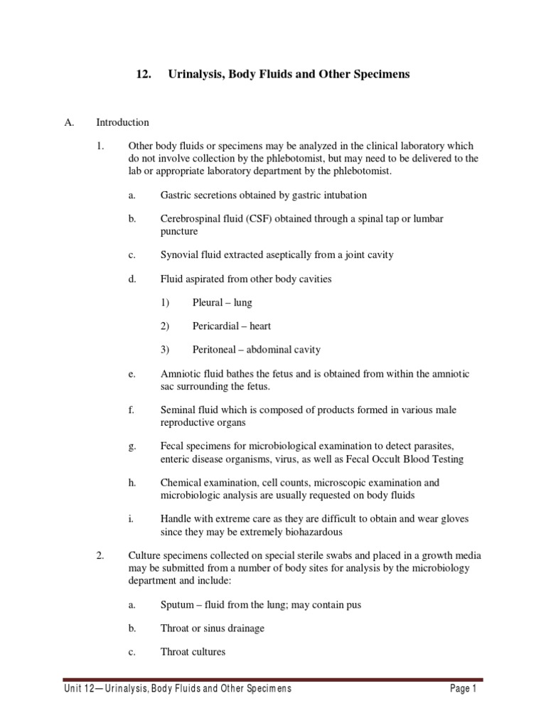 Urinalysis and Body Fluid Analysis | PDF | Urine | Perspiration