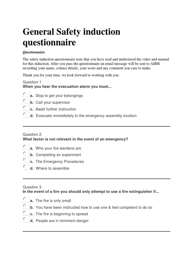 General Safety Induction Questionnaire PDF Safety Laboratories
