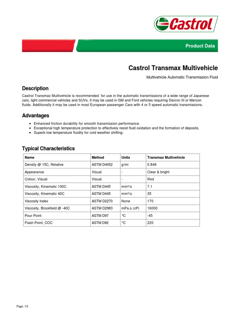 Castrol Transmax Multivehicle ATF Specification Automobiles