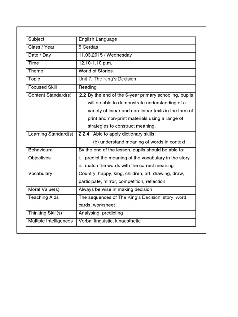 King's Decision Lesson Plan for Kids | PDF | Vocabulary | Teachers