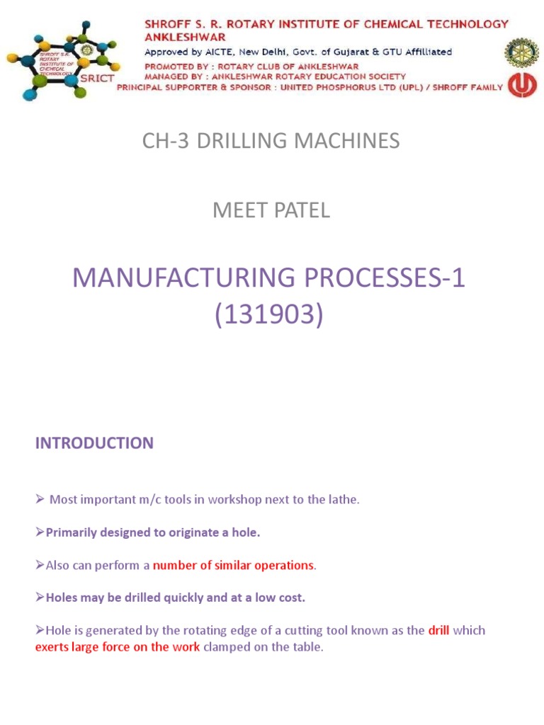 Manufacturing Processes-1 (131903) : Ch-3 Drilling Machines Meet Patel ...