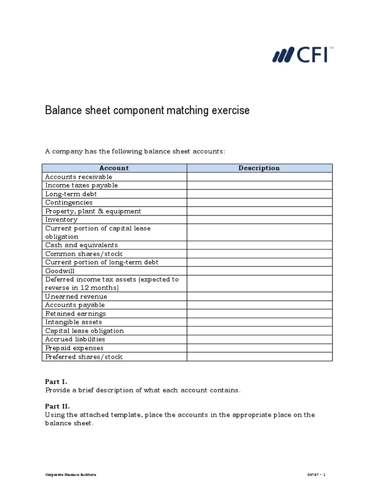Balance Sheet Component Matching Exercise: Account Description | PDF