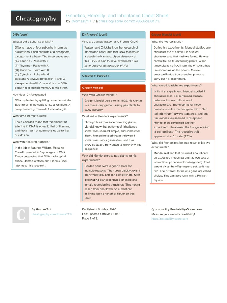 Genetics and Heredity Cheat Sheet | PDF | Dominance (Genetics) | Dna