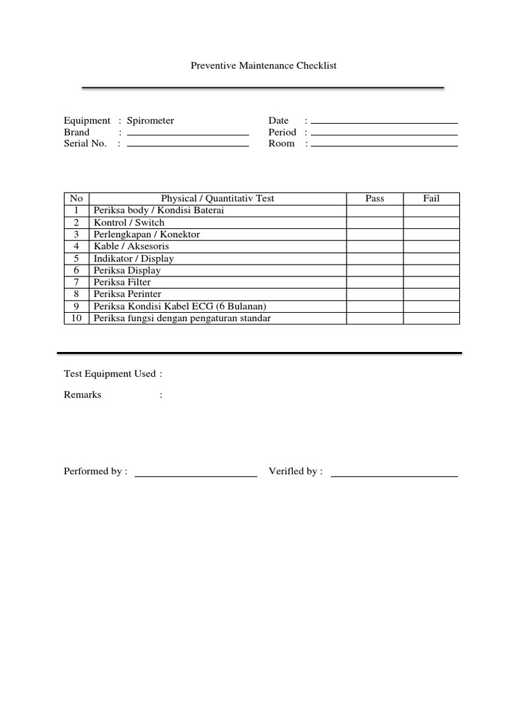 Spirometer Preventive Maintenance Checklist | PDF