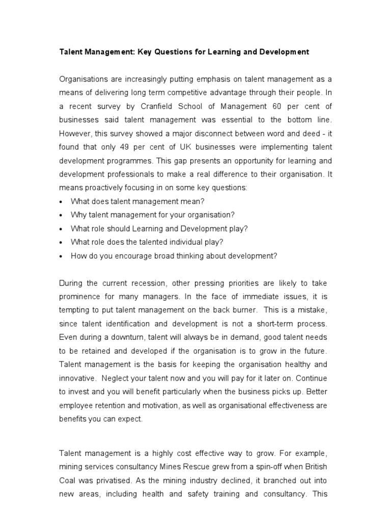 Talent Management Key Questions For Learning and Development V1 | PDF ...