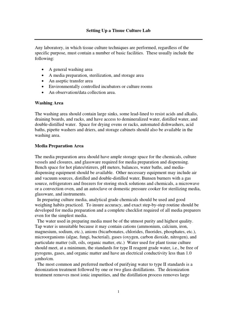 Setting Up A Tissue Culture Lab PDF Purified Water Hvac