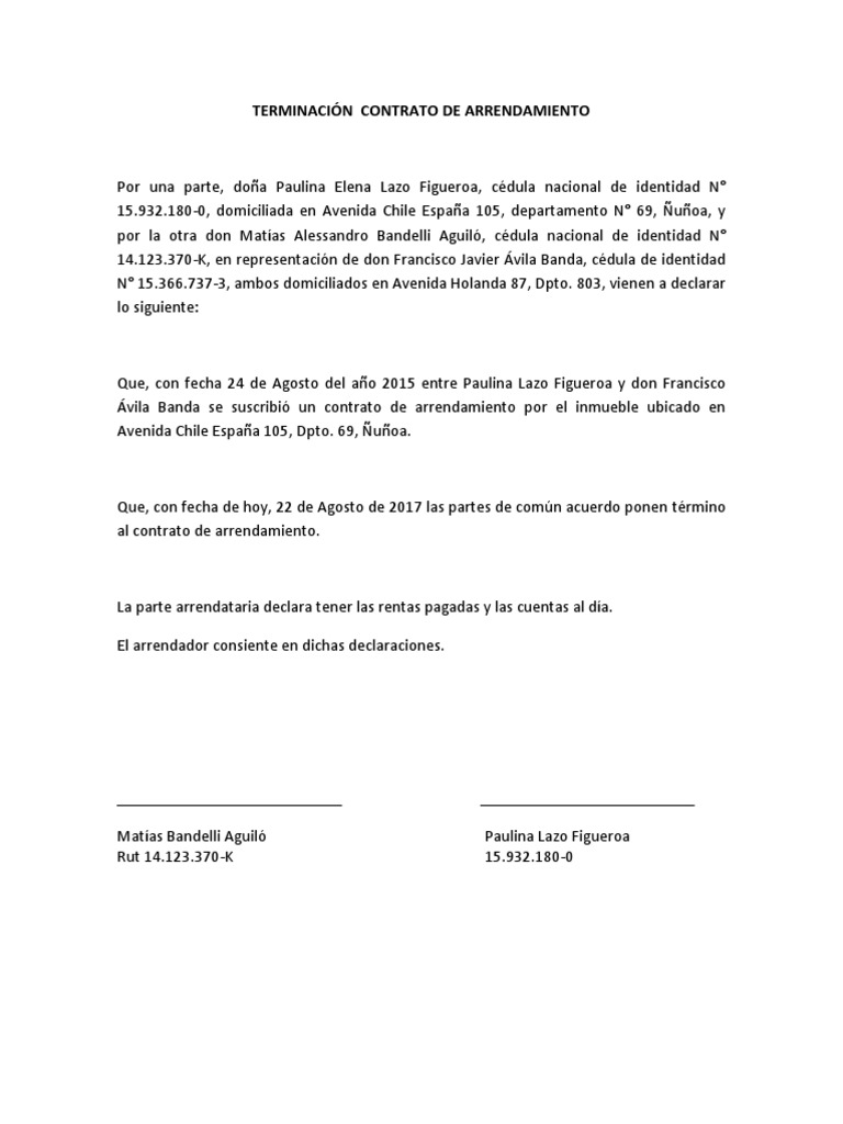 Modelo Terminación Contrato De Arrendamiento