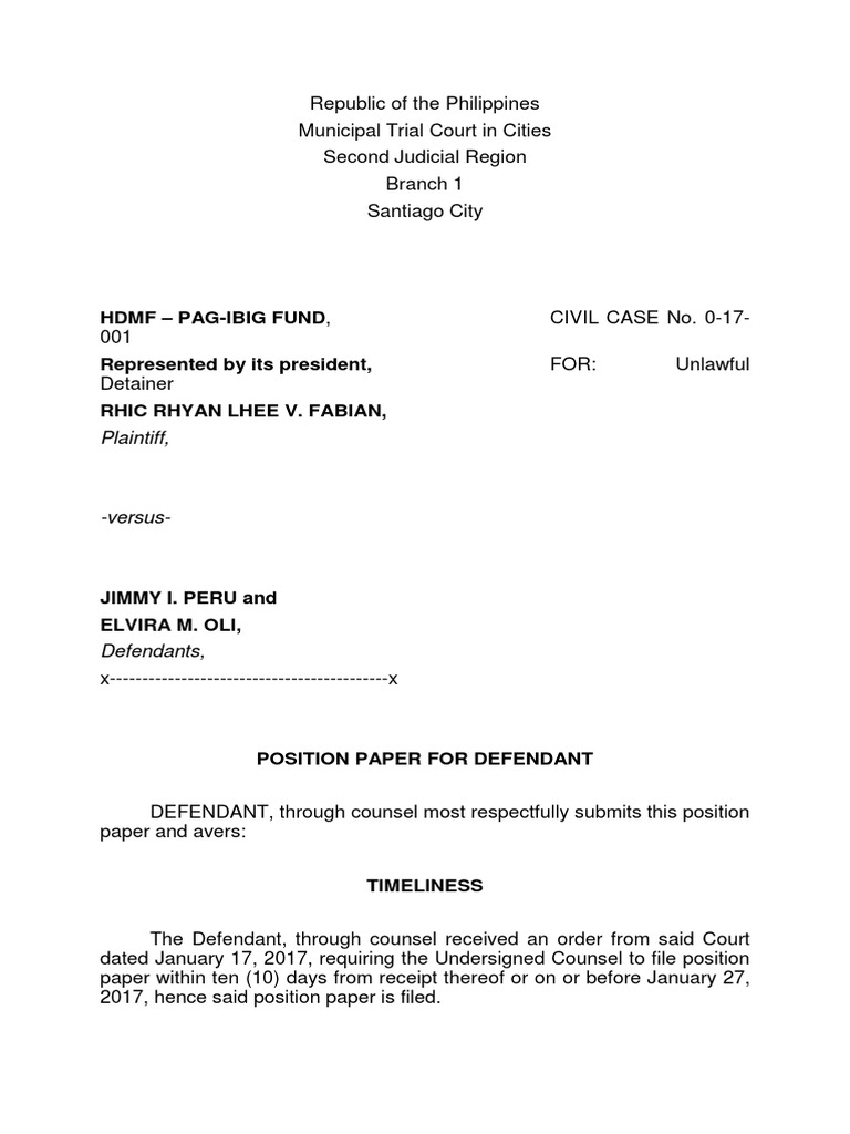 Position Paper in Unlawful Detainer Case | PDF | Eviction | Plaintiff