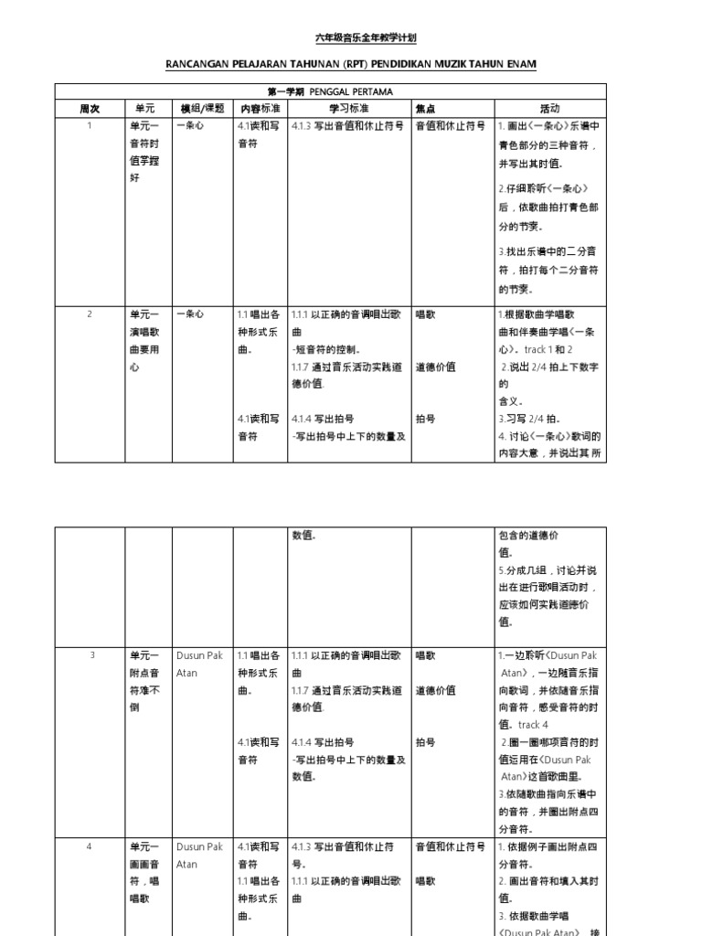 六年级音乐全年教学计划 Pdf