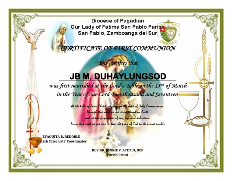 First Communion Certificate | PDF | Cooking, Food & Wine | Wellness for Free Printable First Holy Communion Certificates