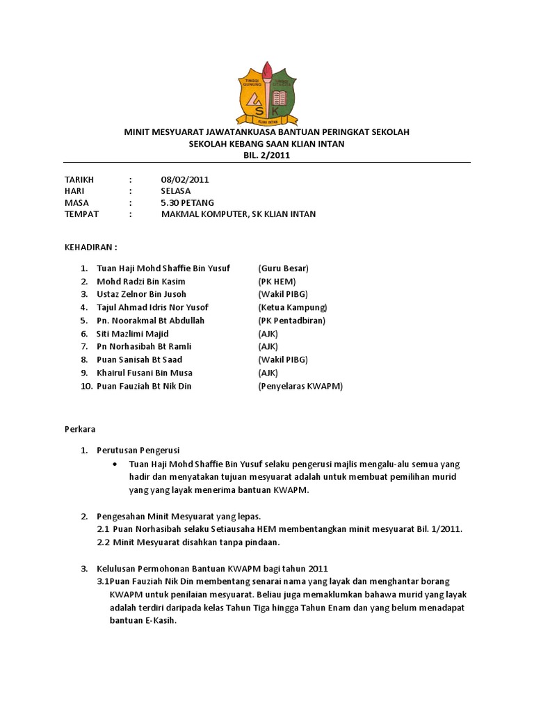 Minit Mesyuarat Jawatankuasa Bantuan Peringkat Sekolah  PDF