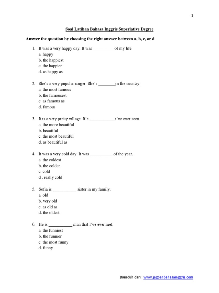 Soal Latihan Bahasa Inggris Superlative Degree PDF