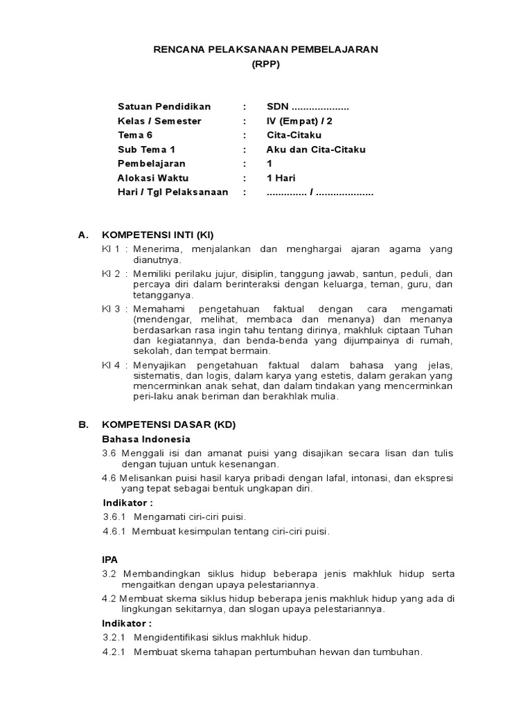 Contoh Rpp Tema 6 Kelas 4