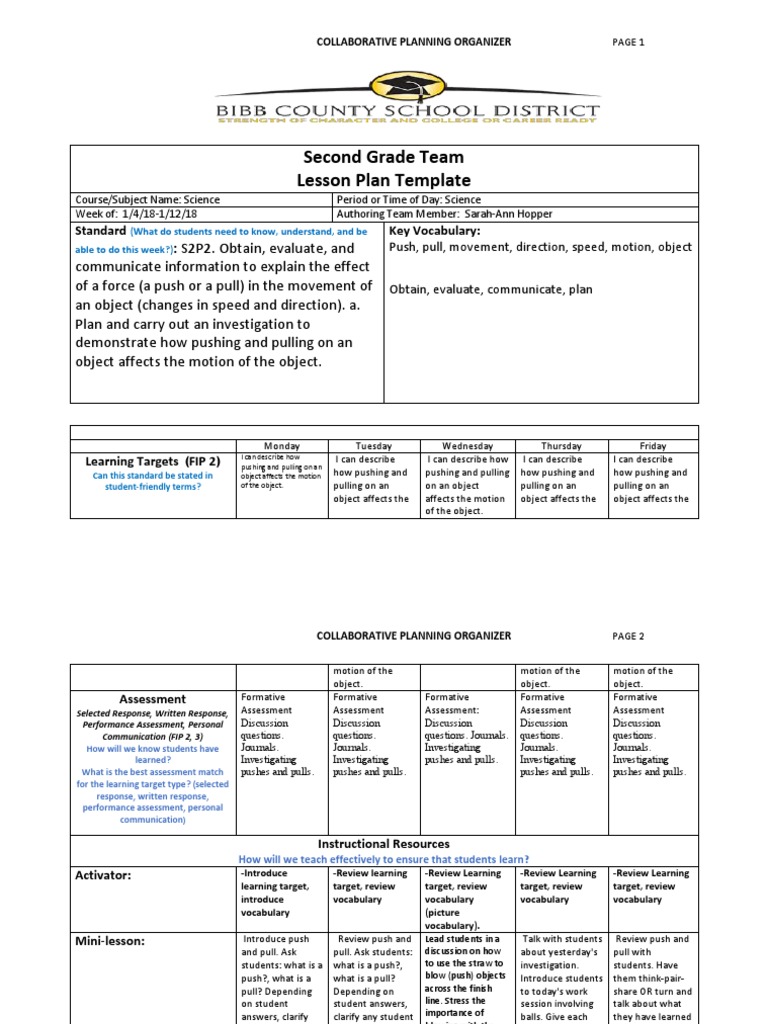 Second Grade Team Lesson Plan Template:: S2P2. Obtain, Evaluate, and ...