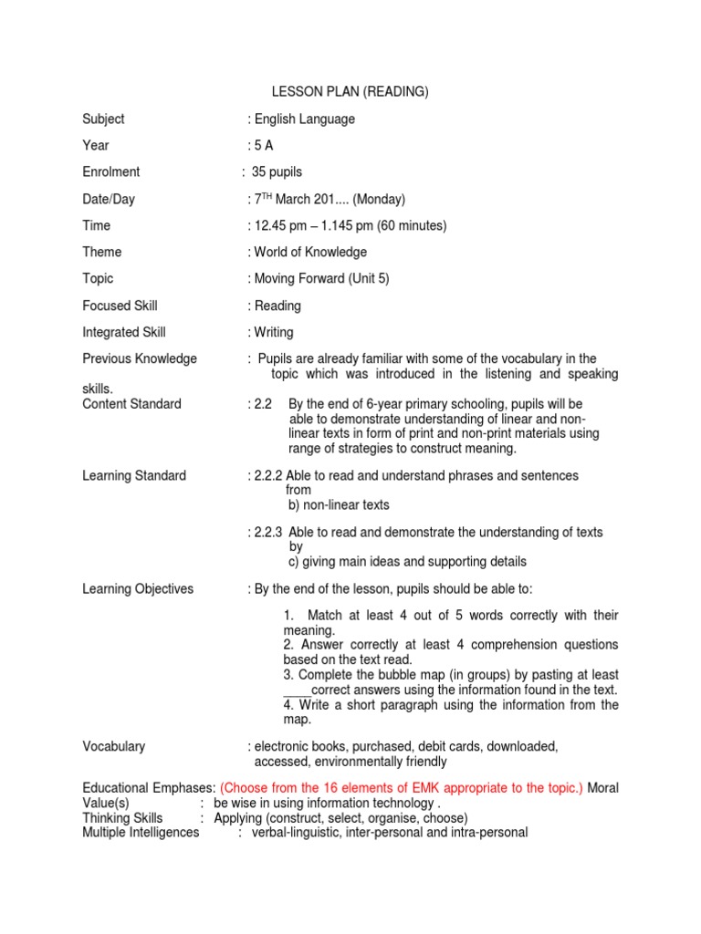 Lesson Plans For Reading and Writing Skills | PDF | Reading ...