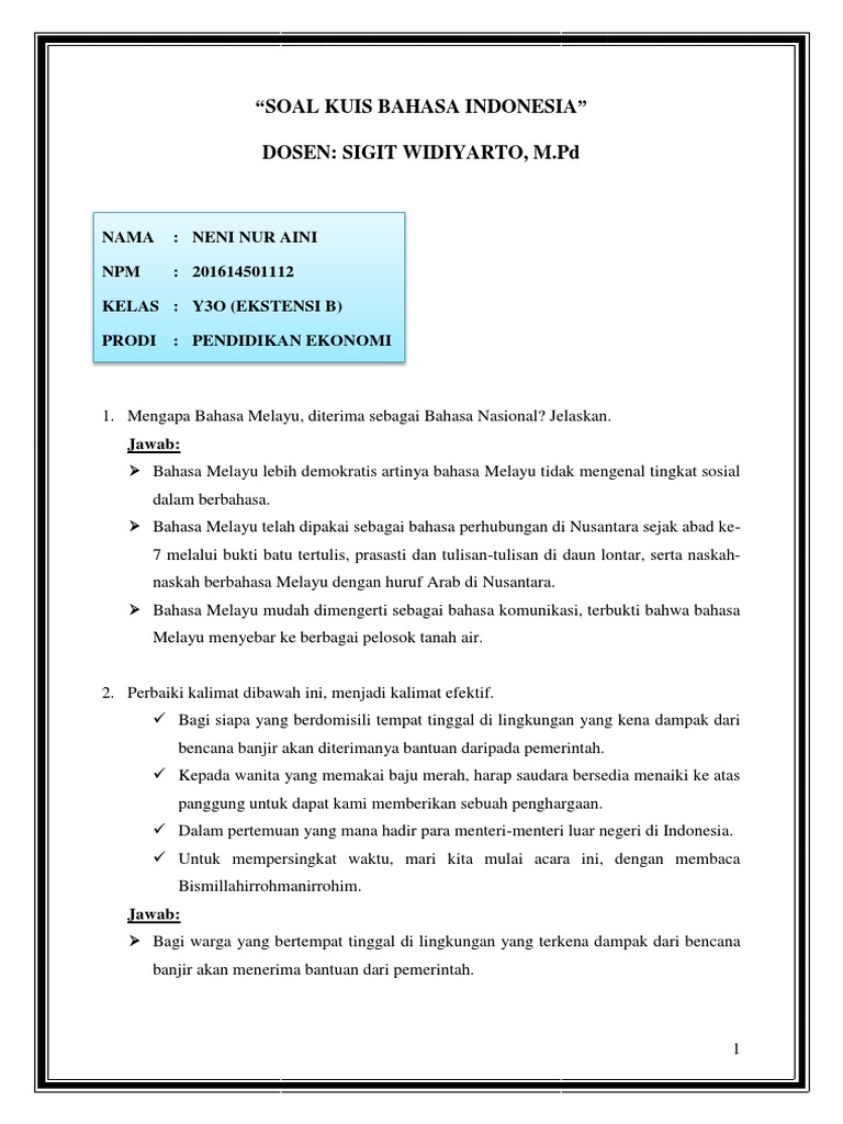 Soal Dan Jawaban Kuis Bahasa Indonesia Pdf