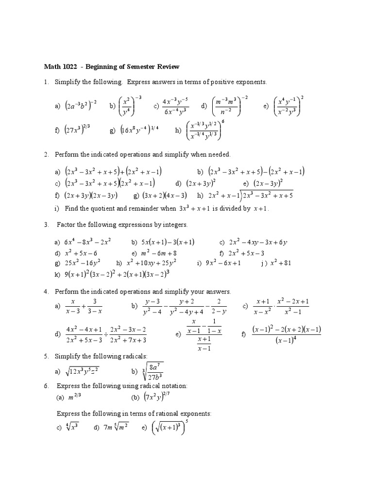 Math 1022 beginning of semester review pdf elementary mathematics