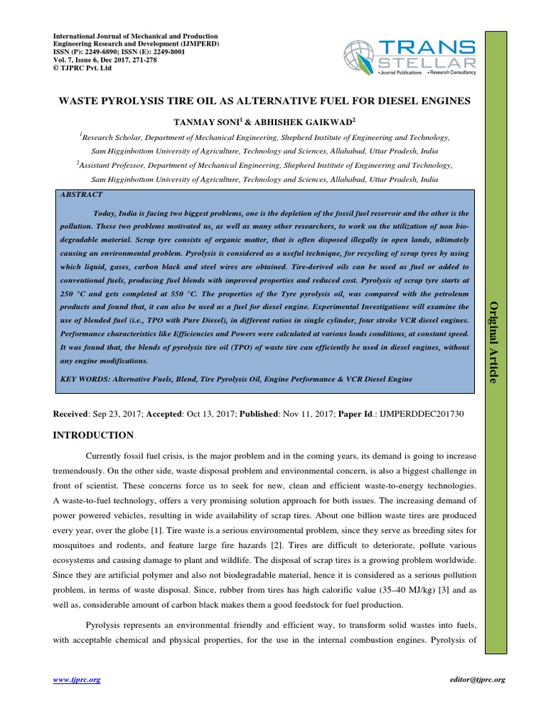 Waste Pyrolysis Tire Oil As Alternative Fuel For Diesel Engines | PDF ...