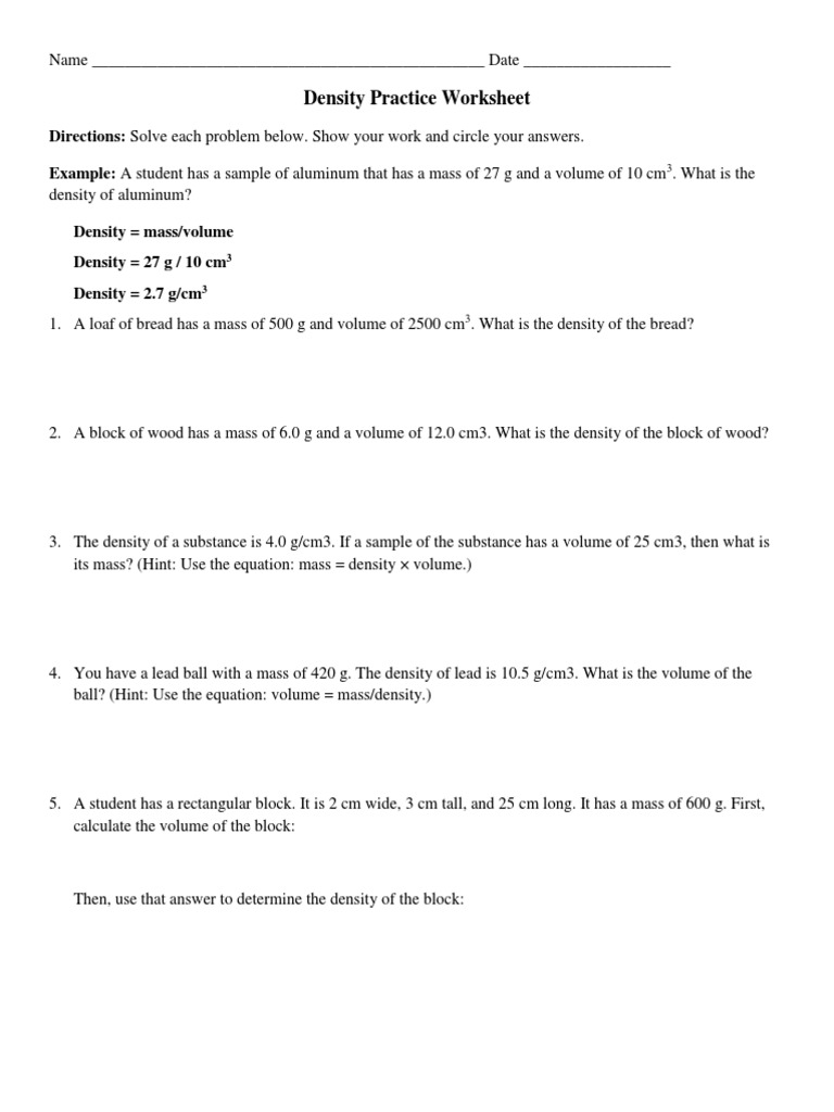 Density Practice Worksheet  Density  Volume Throughout Density Problems Worksheet With Answers