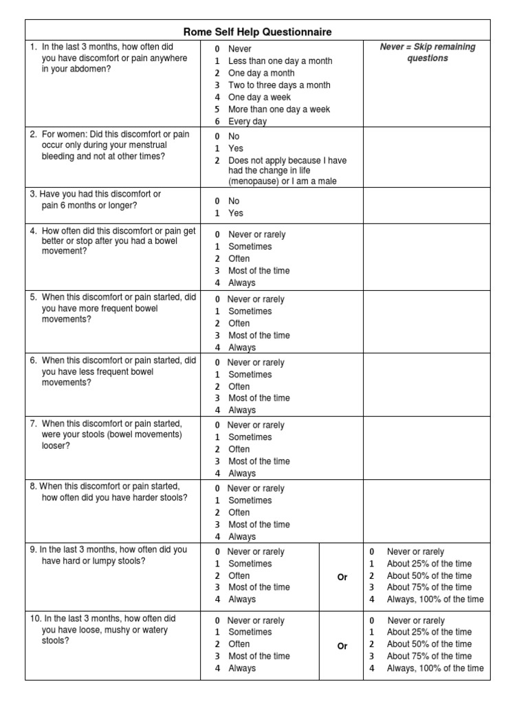 Rome Self Help Questionnaire | PDF | Human Feces | Irritable Bowel Syndrome