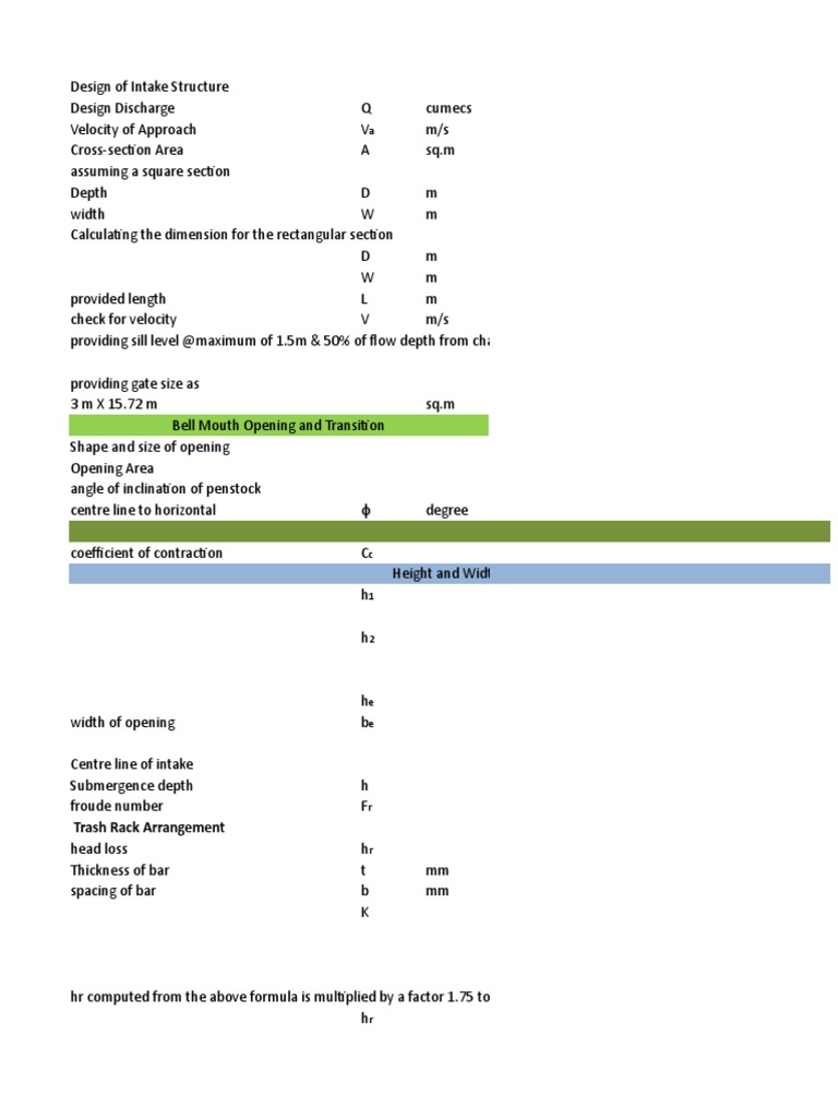 Design Of Intake Pdf Civil Engineering Fluid Dynamics