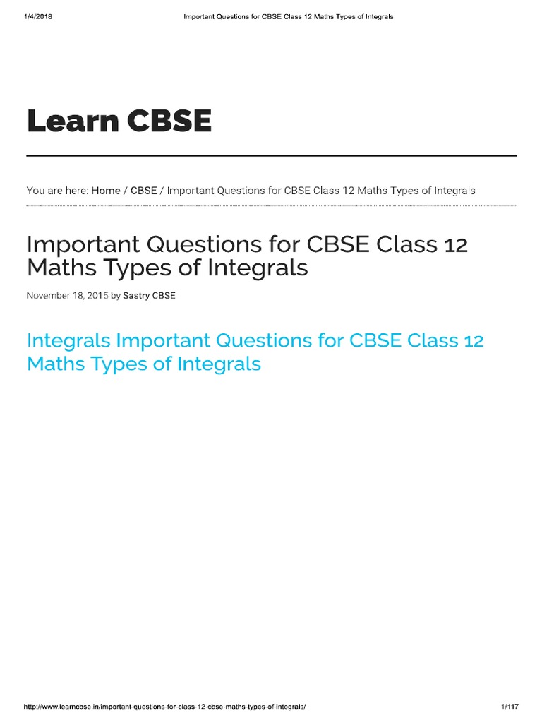 Important Questions For CBSE Class 12 Maths Types of Integrals | PDF