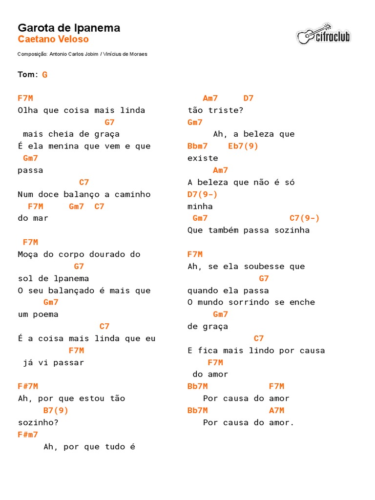 Cifra Club - Caetano Veloso - Garota de Ipanema.pdf | Jazz | Prêmio de ...