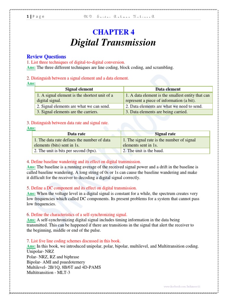 Chapter 4 Digital Transmission Exercise Question With Solution PDF ...