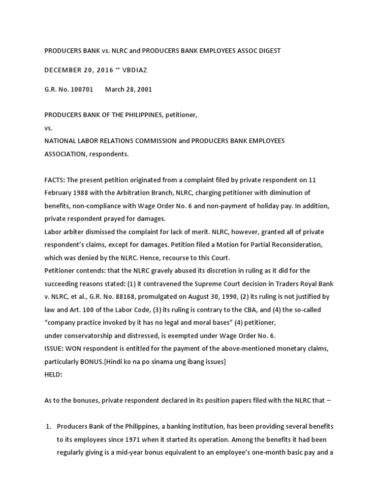 PRODUCERS BANK vs. CA Case Digest PDF Download Free PDF Employment