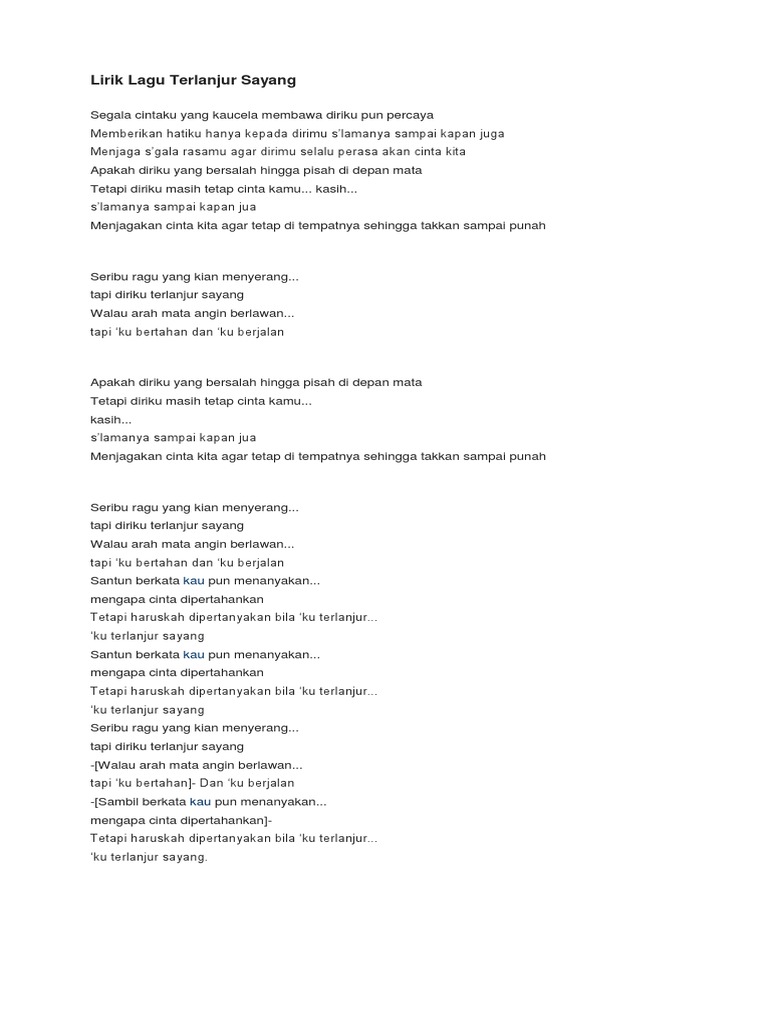 Lirik Lagu Terlanjur Sayang Pdf