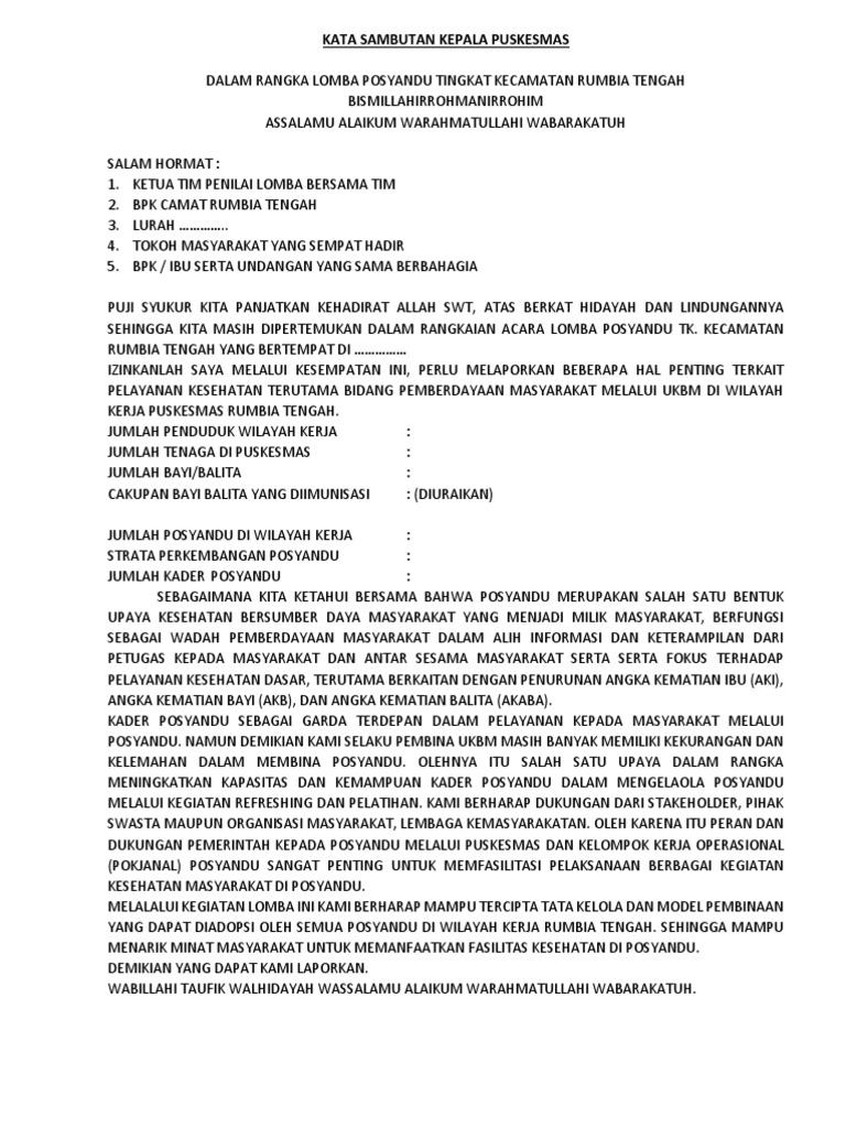 Kata Sambutan Kepala Puskesmas Lomba Posyandu