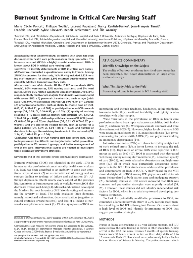 Burnout Syndrome in Critical Care Nursing Staff | PDF | Intensive Care ...