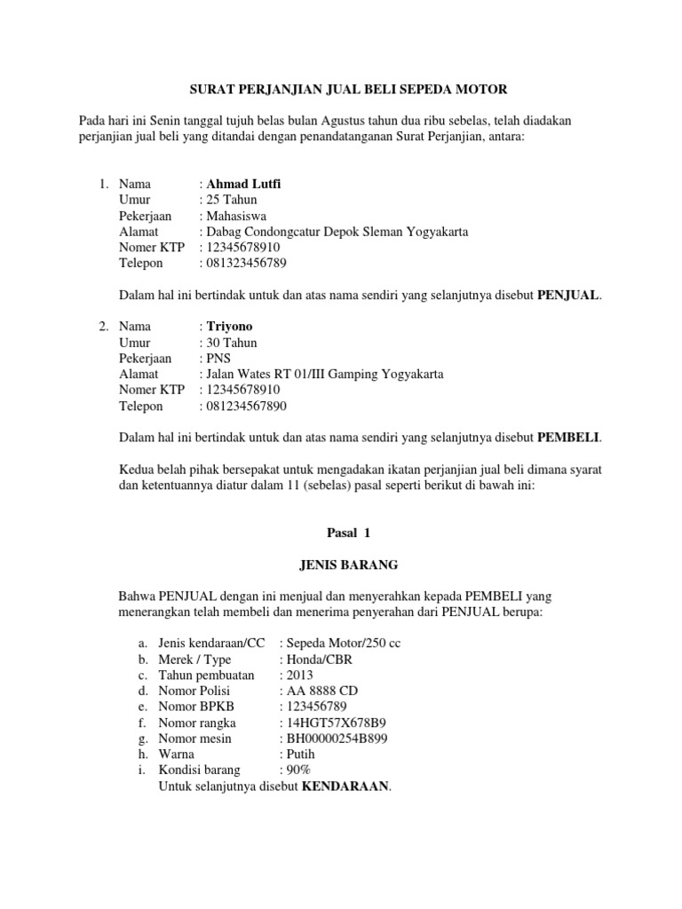 Surat Perjanjian Jual Beli Motor