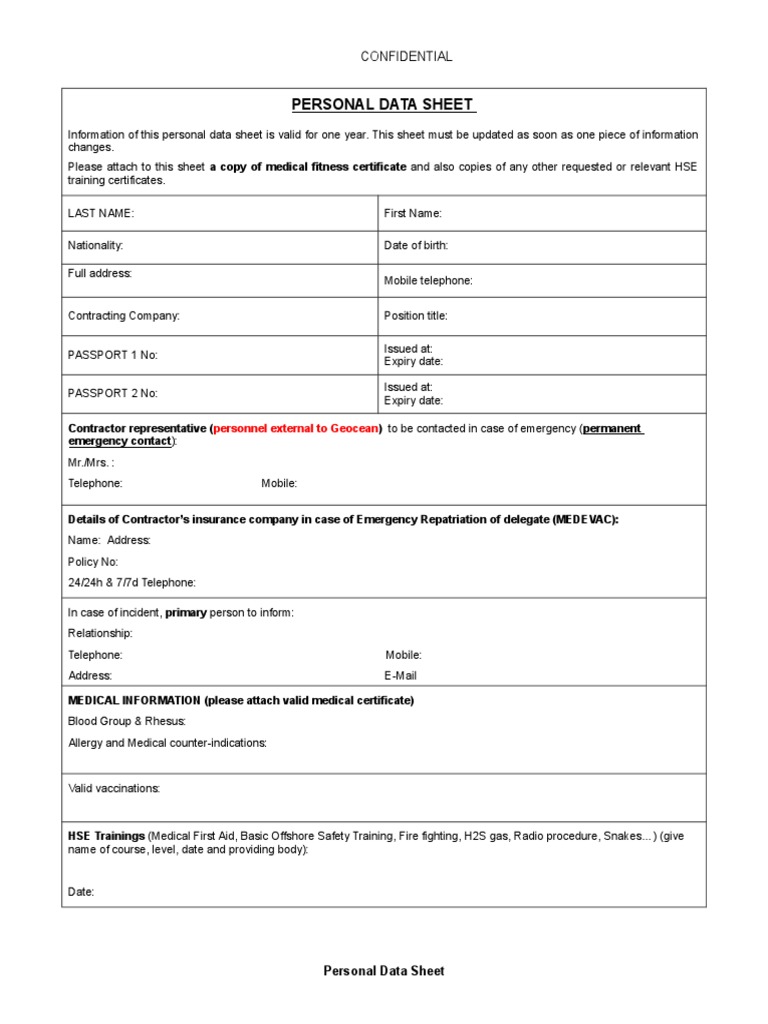 HSE Personal Data Sheet PDF