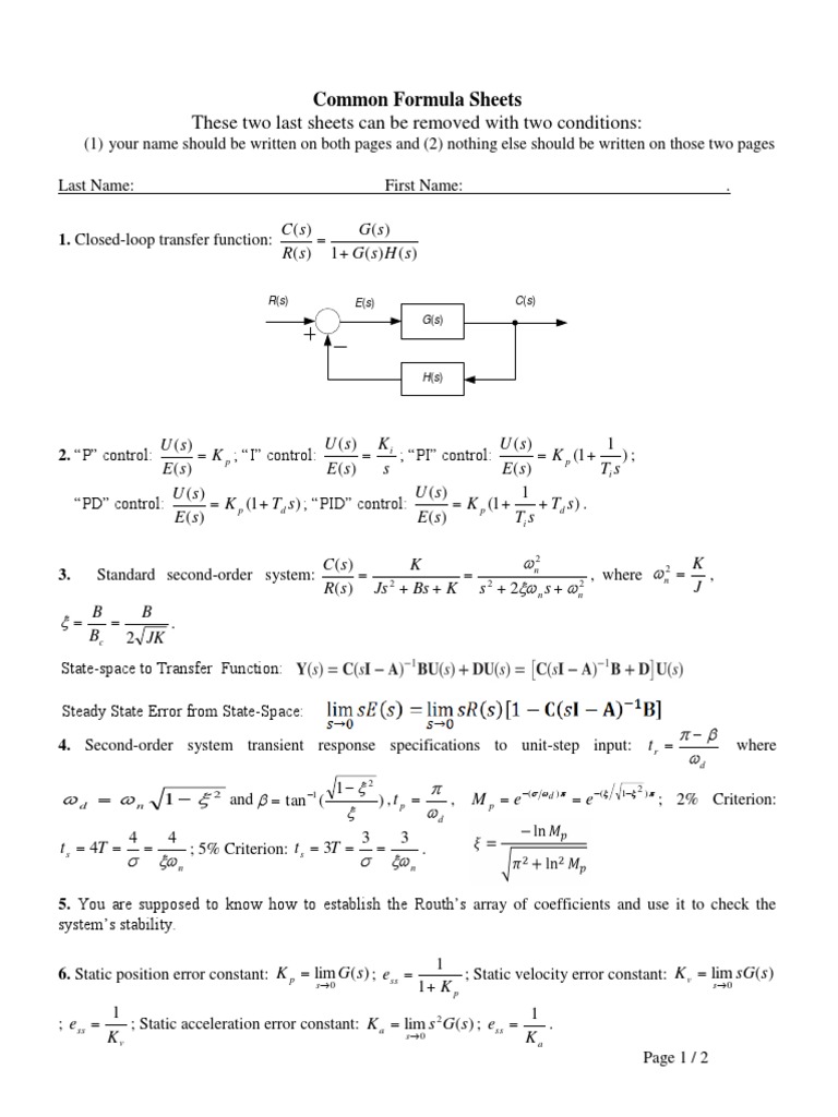 Formula Sheet Draft V2 | PDF | Cybernetics | Signal Processing