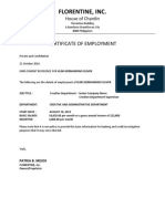 Florentine, Inc.: Certificate of Employment