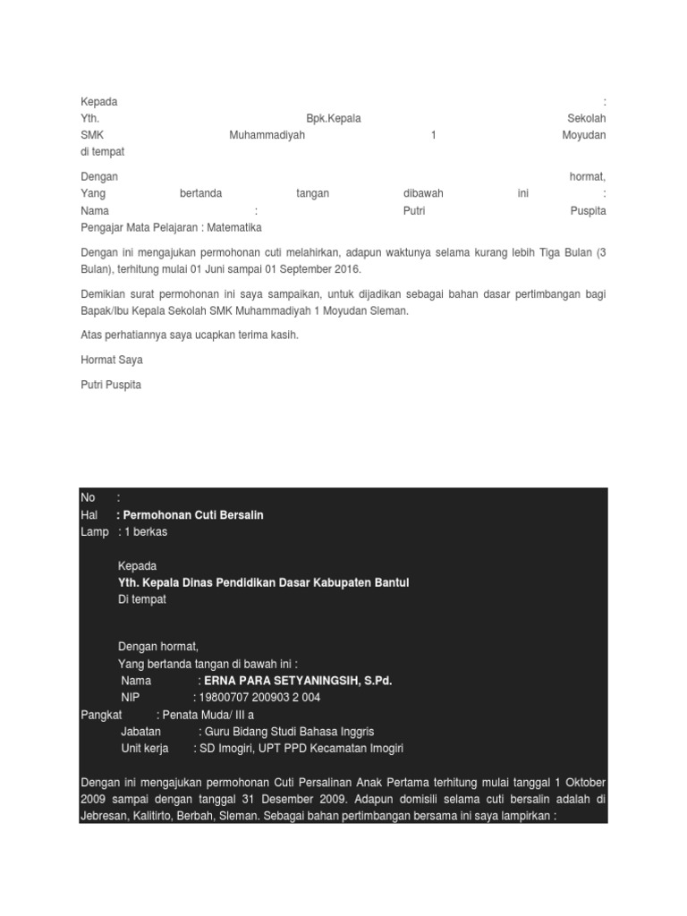 Contoh Surat Cuti Melahirkan