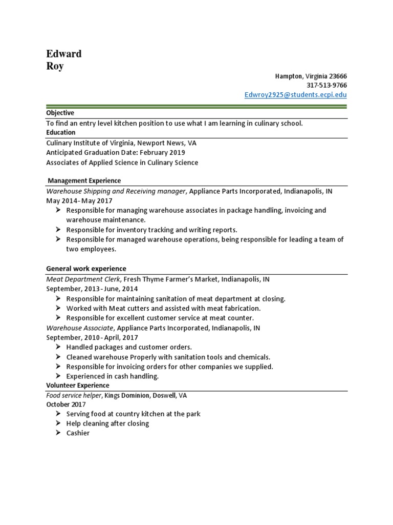 Entry-Level Culinary Resume for Edward Roy | PDF