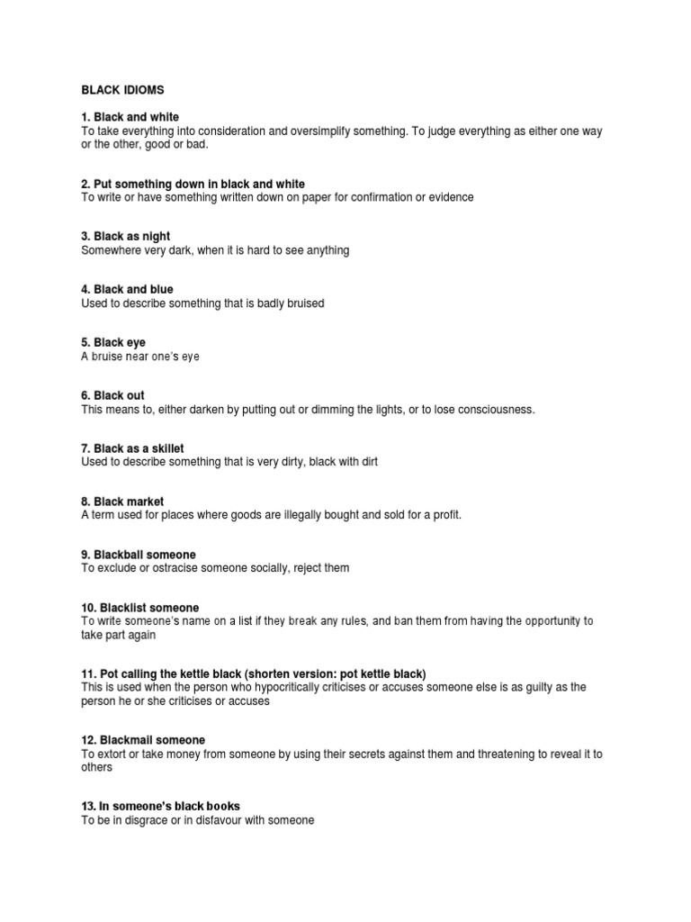 A Collection of Common Black and White Idioms Exploring Themes of Darkness, Light, Formality