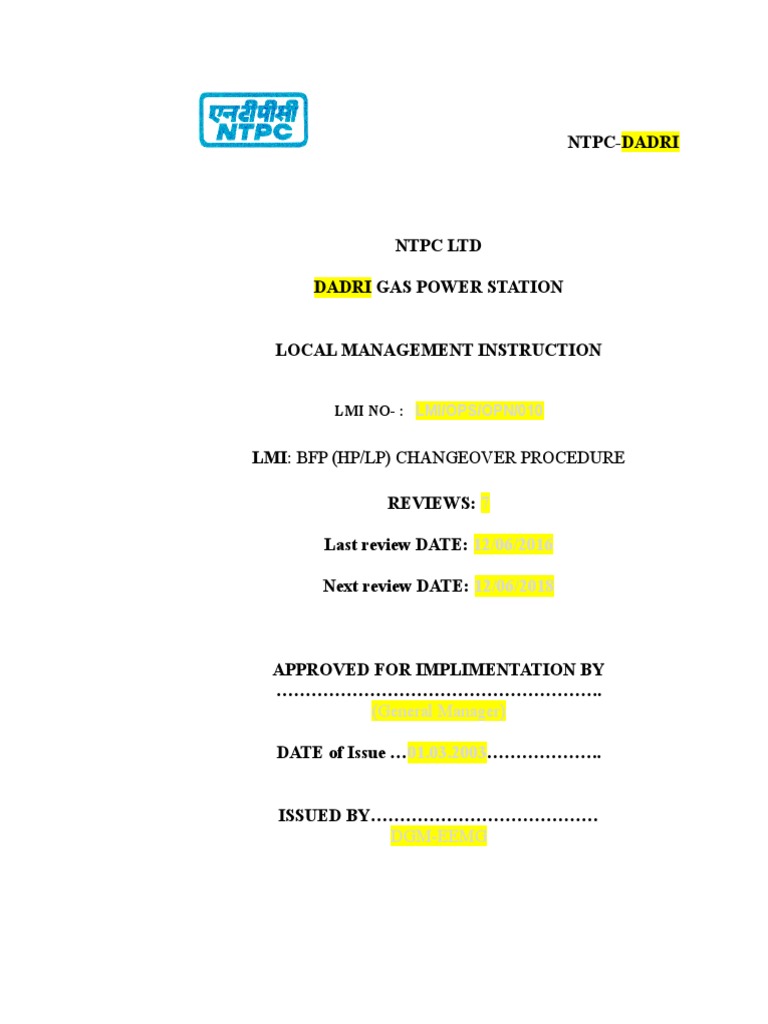 BFP Changeover Procedure PDF Energy Conversion Energy Technology