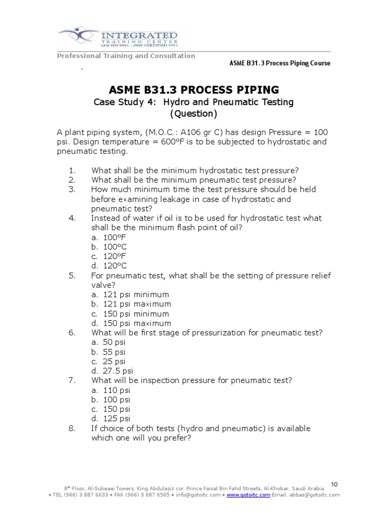 Determining Minimum Test Pressures and Procedures for Hydrostatic and