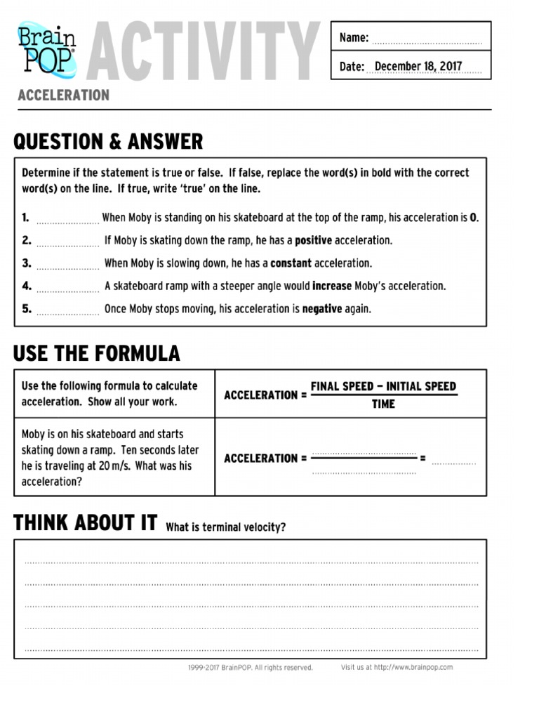 Acceleration Activity Pages 2 Brainpop
