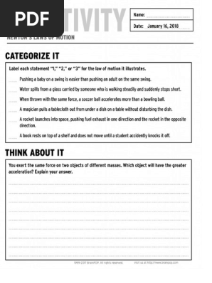 Newtons Laws Of Motion Activity Pages Brainpop
