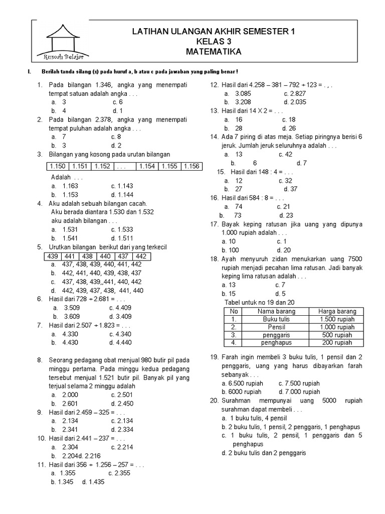 Soal UAS Matematika Kelas 3 Semester 1 | PDF | Metode & Bahan Ajar