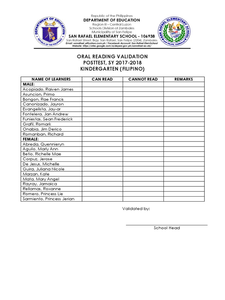 Oral Reading Validation Posttest 2018 | PDF