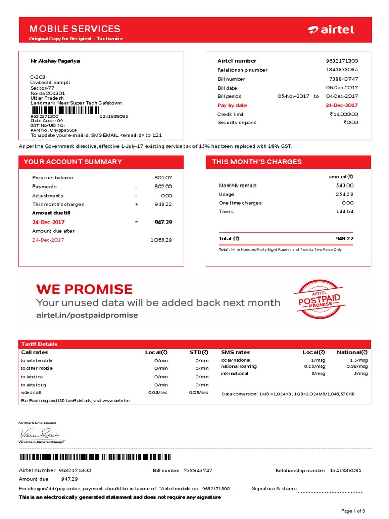 Postpaid Bill 9632171300 738843747 | PDF | Invoice | Cheque