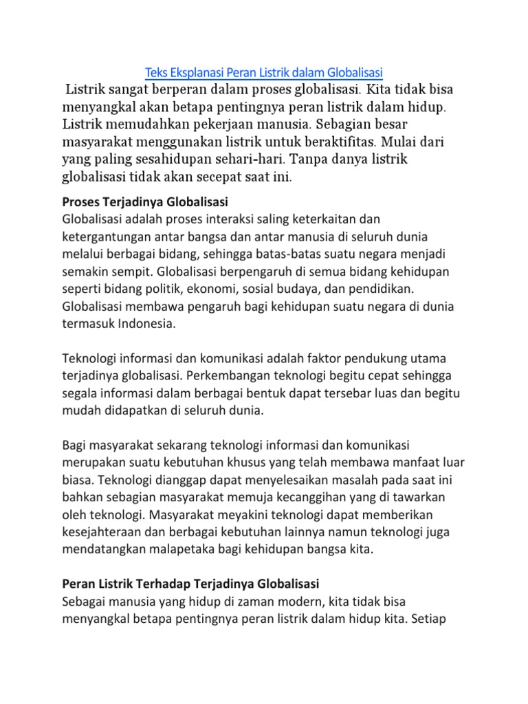 Teks Eksplanasi Peran Listrik Dalam Globalisasi