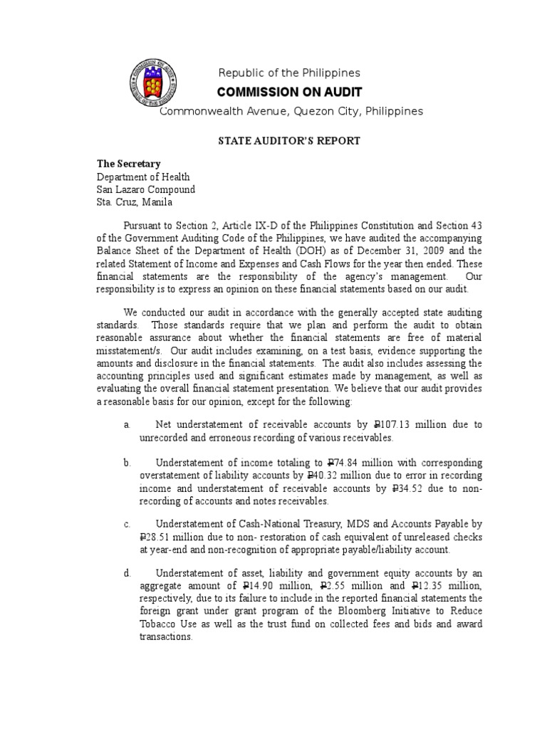 DOH Financial Audit Report 2009 | PDF | Audit | Financial Statement